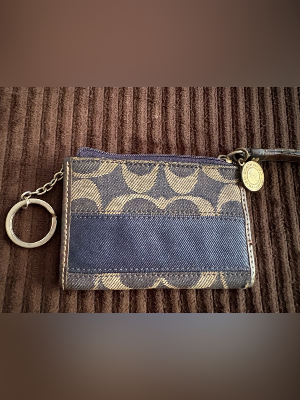 Coach Signature Canvas Keychain Coin Purse Navy & Tan - Picture 2 of 7